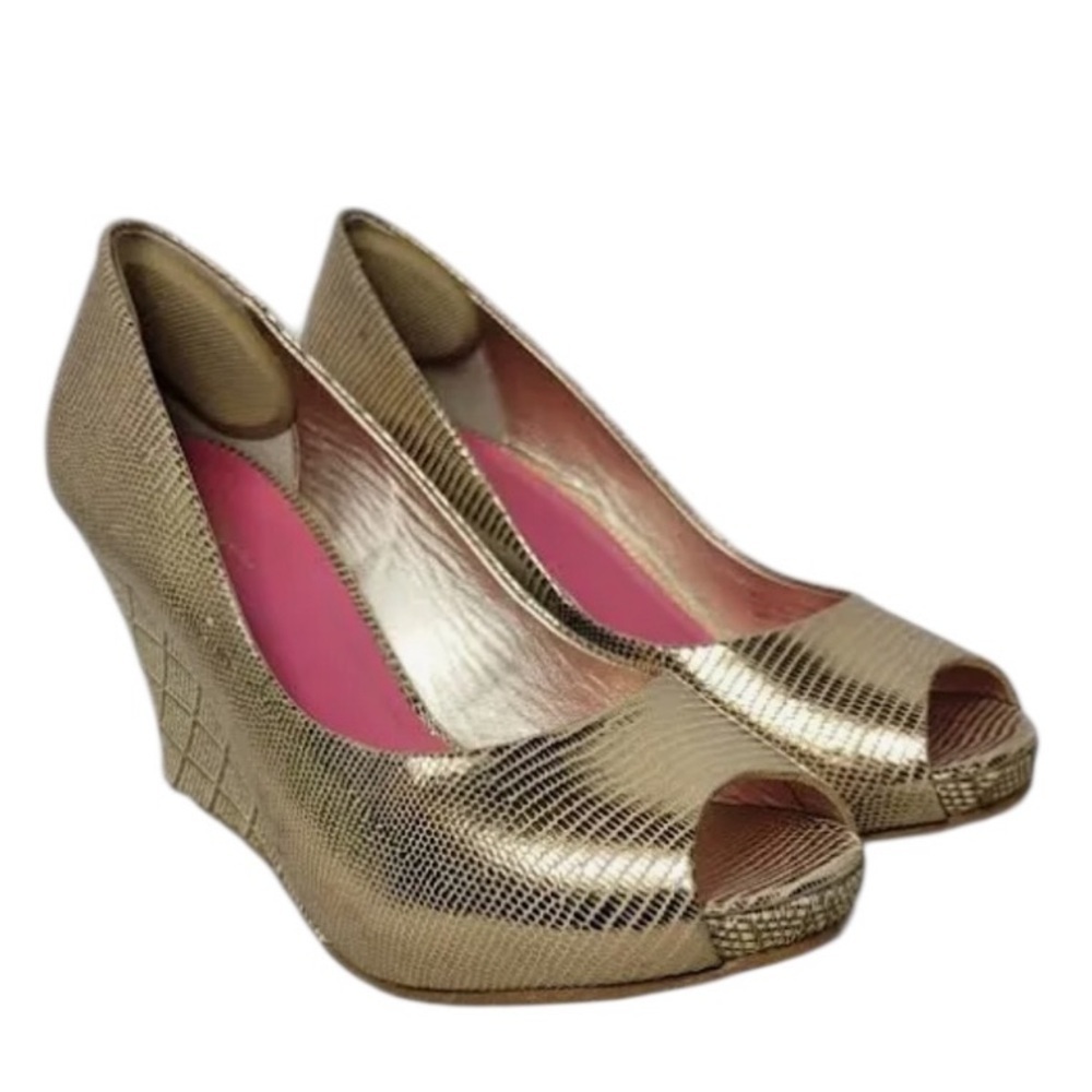 Lilly Pulitzer Gold Metallic Wedge Peep Toe Heels Size 8.5 – Resort Chic
